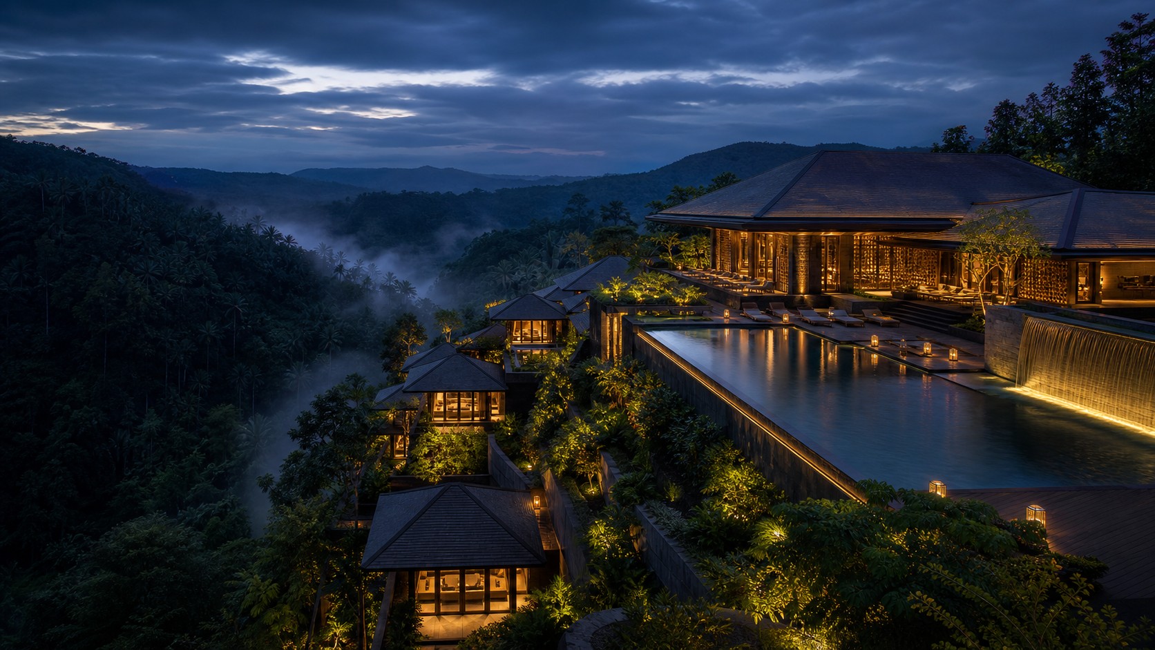 Ārogya Dhāma at dusk above the Ayung valley